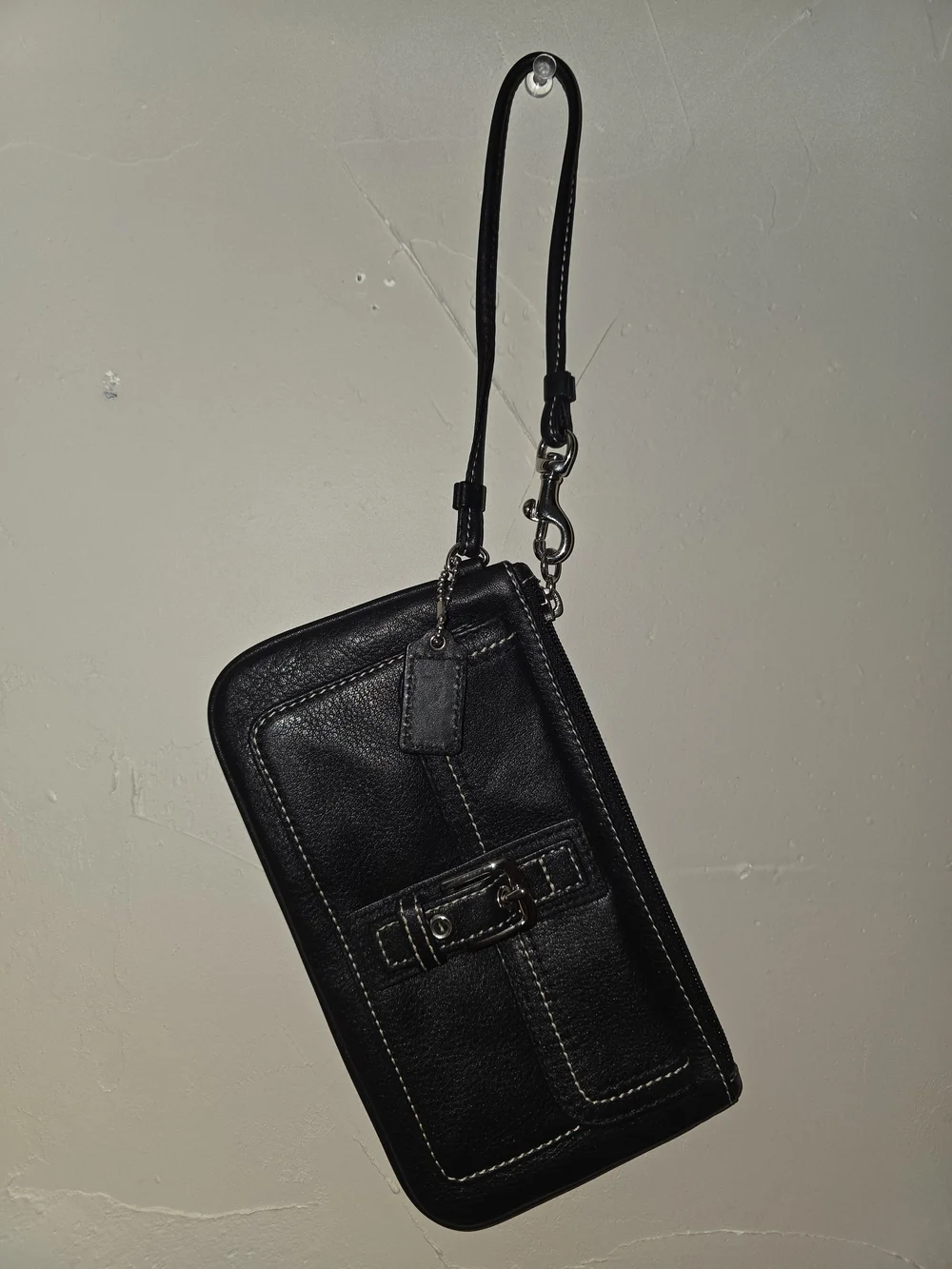 Coach Black Leather Wristlet Wallet with Contrast Stitching